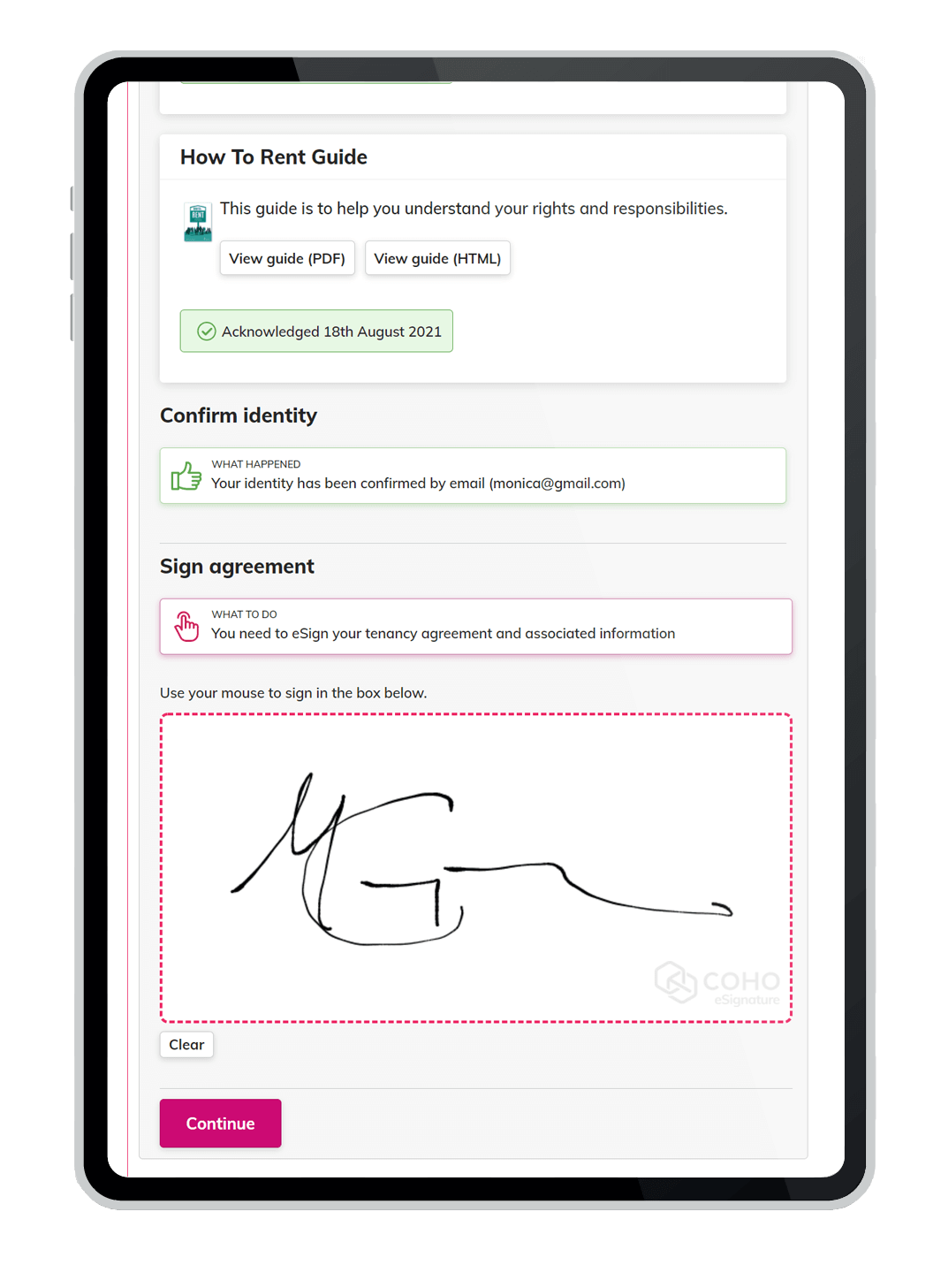 Applicant eSigning tenancy agreement using COHO eSignature