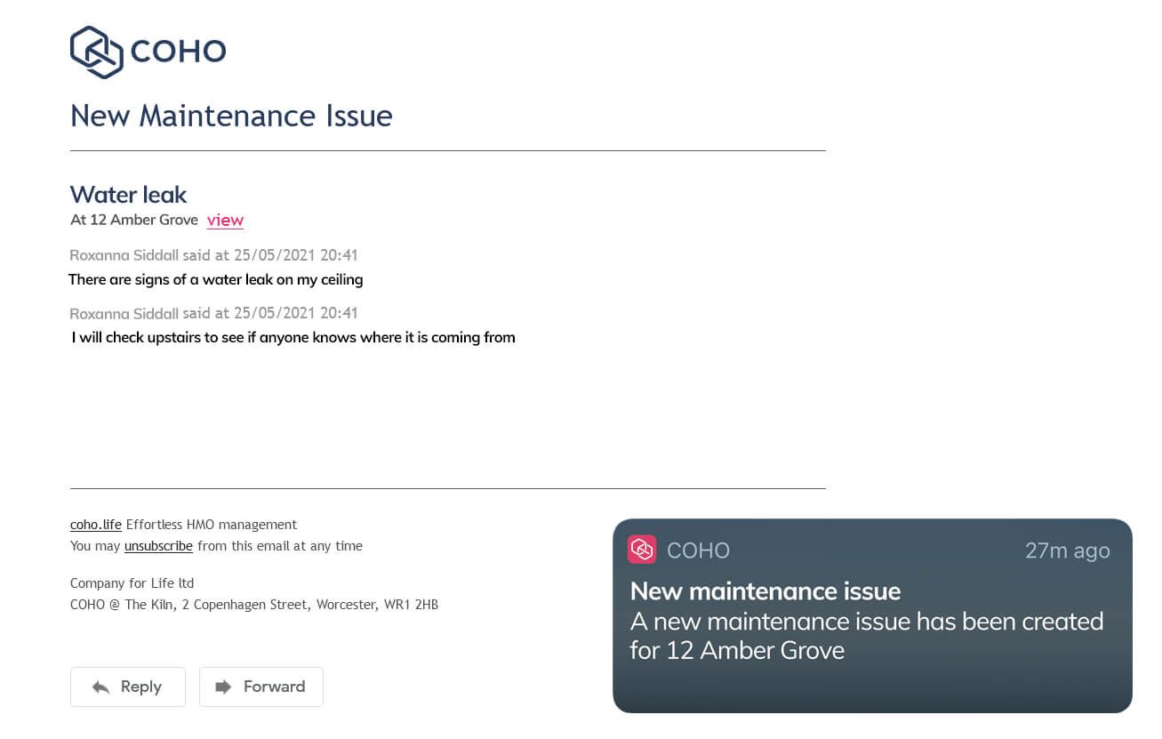 COHO Notification Email and Push Notification - New Maintenance Issue