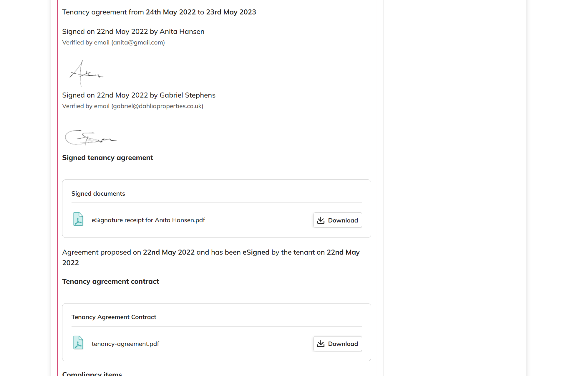 Screenshot of COHO showing confirm tenancy agreement process