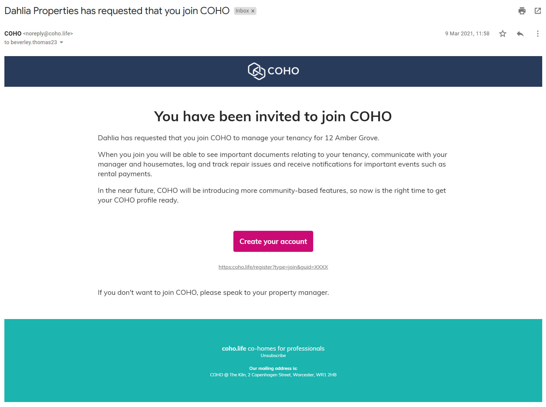 Screenshot of email from COHO inviting a tenant to Join