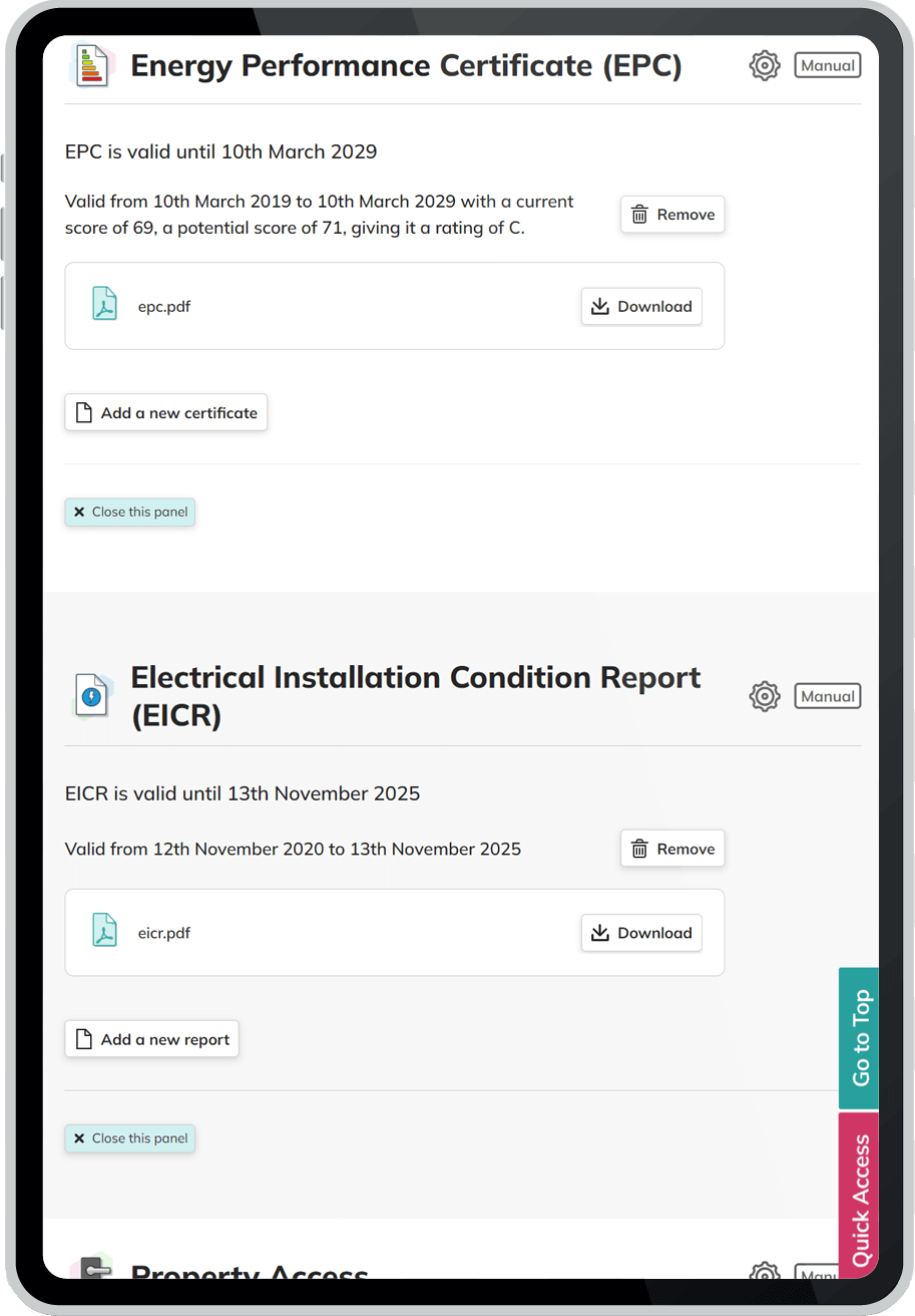 COHO screenshot showing Gas Safety Certificate and Energy Performance Certificate stored for a property