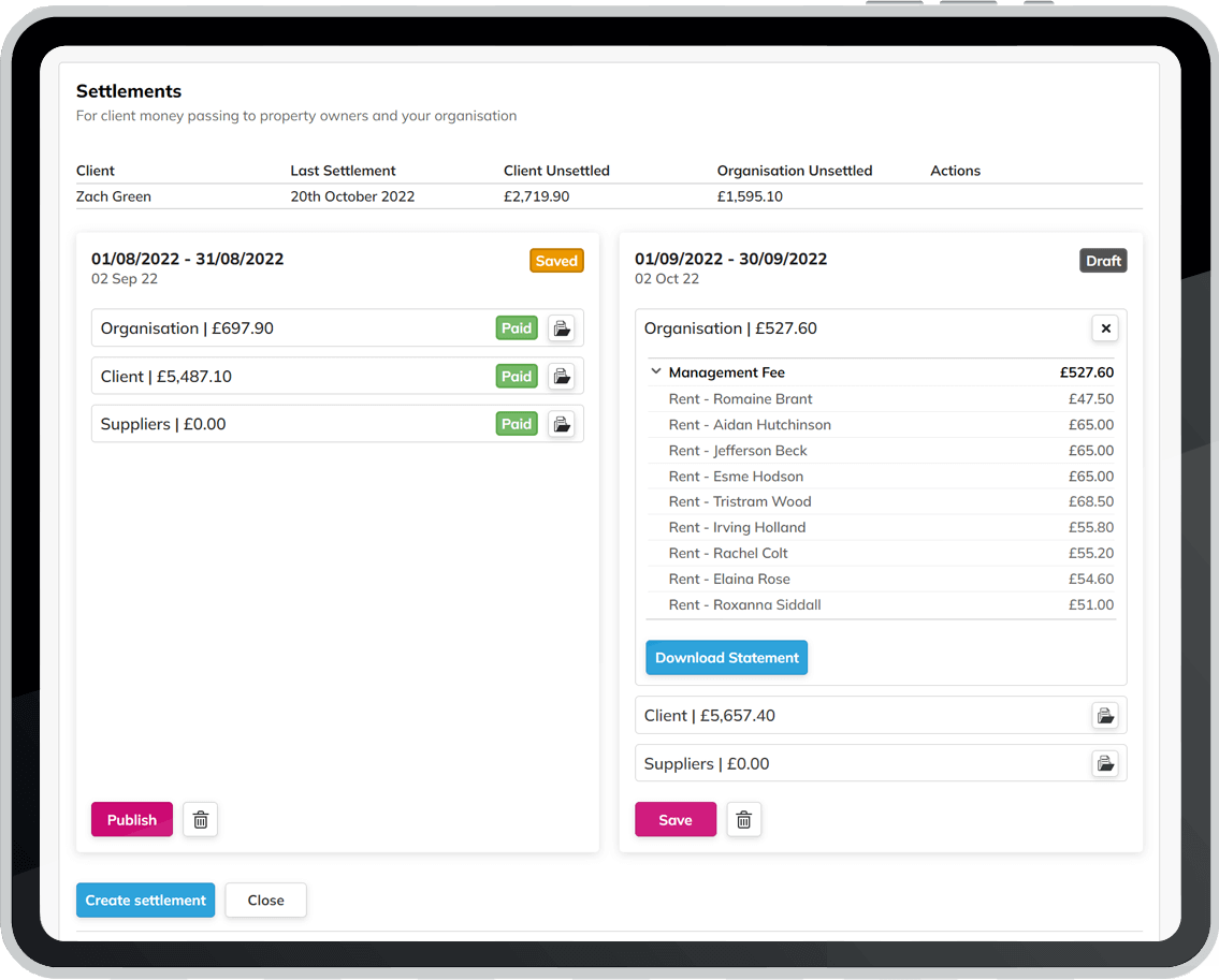COHO screenshot showing financial items including rent and management fees
